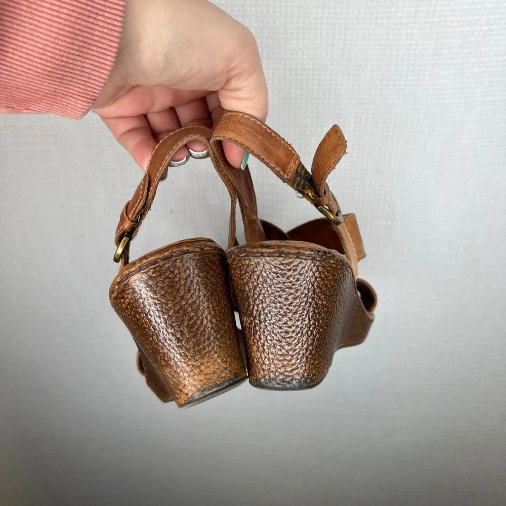 Born Tan Leather Crisscross Wedge Slingback Sandals Womens 9M F01706 CCA16